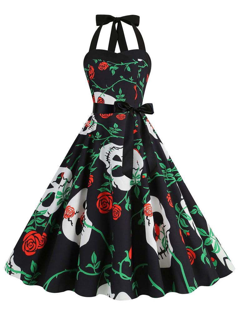 1950s Halloween Skull Halter Lace-Up Dress, vintage dress, retro fashion, rockabilly, pin-up fashion - perfect for women who love vintage and retro fashion