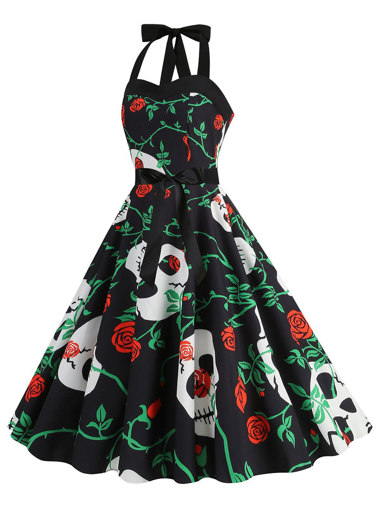 1950s Halloween Skull Halter Lace-Up Dress, vintage dress, retro fashion, rockabilly, pin-up fashion - perfect for women who love vintage and retro fashion