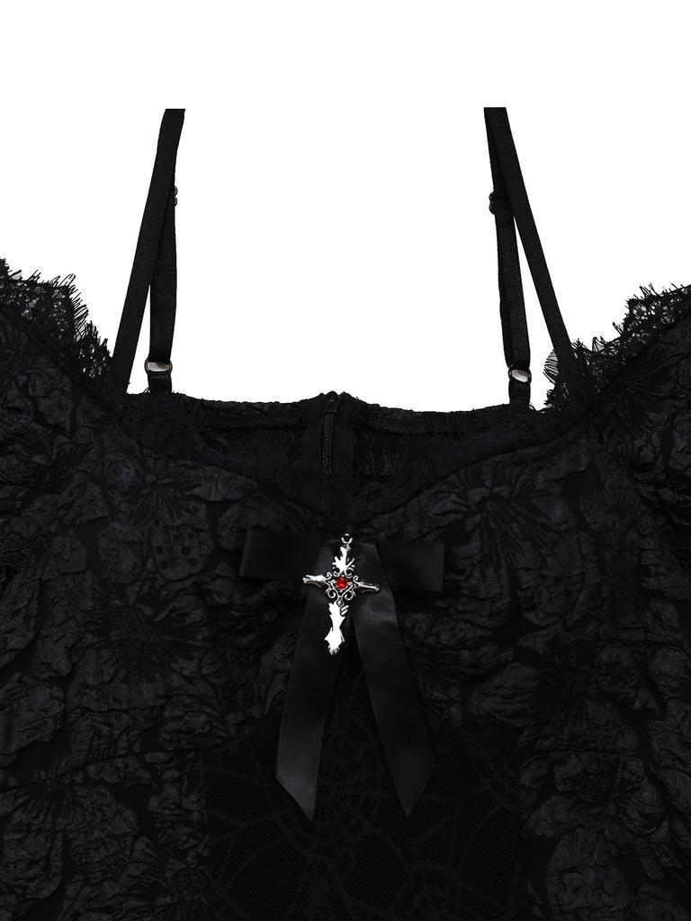 1950s Halloween Spider Web & Cross Textured Dress - vintage dress, retro fashion, rockabilly