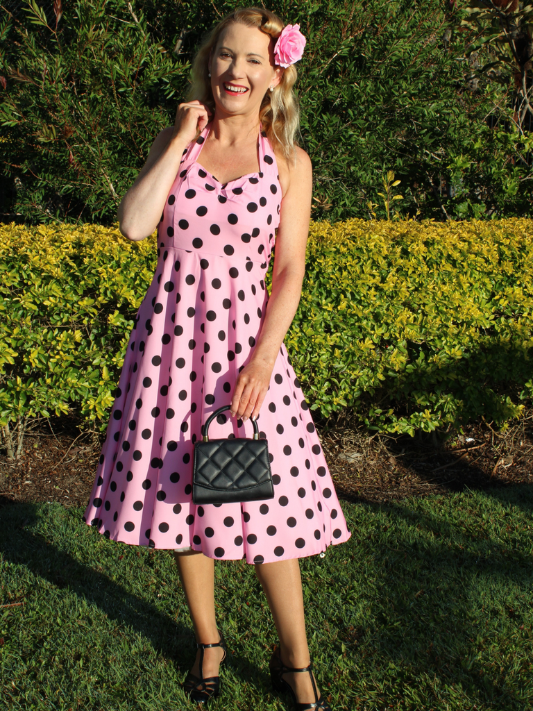 1950s Halter Contrast Polka Dots Belted Dress, vintage dress, retro fashion, rockabilly, pin-up fashion - perfect for women who love vintage and retro fashion