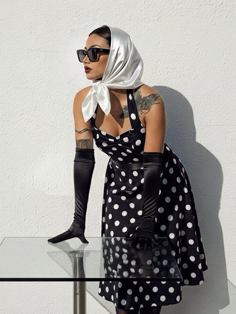 1950s Halter Contrast Polka Dots Belted Dress - vintage dress, retro fashion, rockabilly