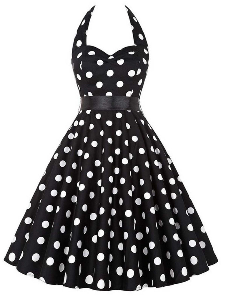 She slips into this 1950s Halter Contrast Polka Dots Belted Dress and suddenly it's a 1950s daydream