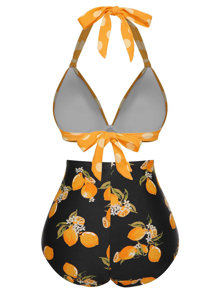 This 1950s Halter Contrast Polka Dots Swimsuit carries 1950s vacation dreams in every stitch