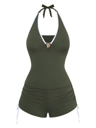 Light Coffee 1950s Sleeveless Drawstring Shorts Bikini Set, vintage swimsuit, pin-up swimwear - perfect for women who love vintage and retro fashion