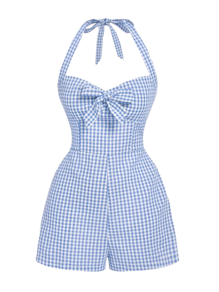 1950s Halter Gingham Plaids Bow Romper - vintage jumpsuit, retro fashion