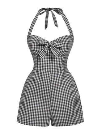 1950s Halter Gingham Plaids Bow Romper - vintage jumpsuit, retro fashion