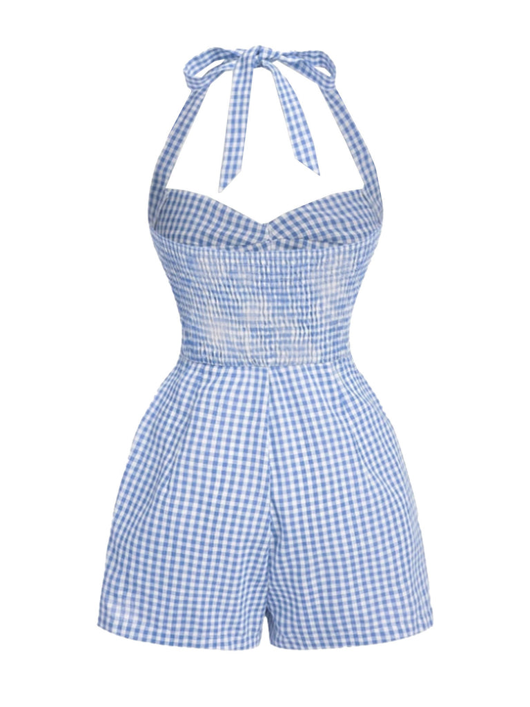 1950s Halter Gingham Plaids Bow Romper - vintage jumpsuit, retro fashion