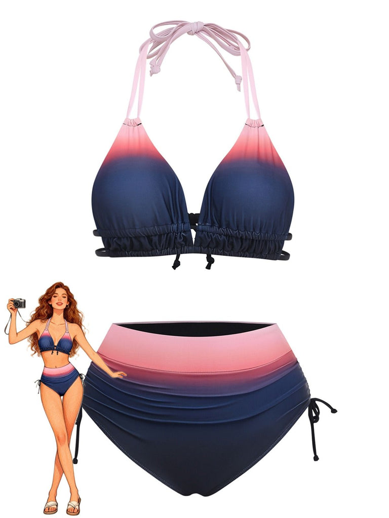1950s Halter Ombre High-Waist Ruched Bikini Set - vintage fashion, retro style