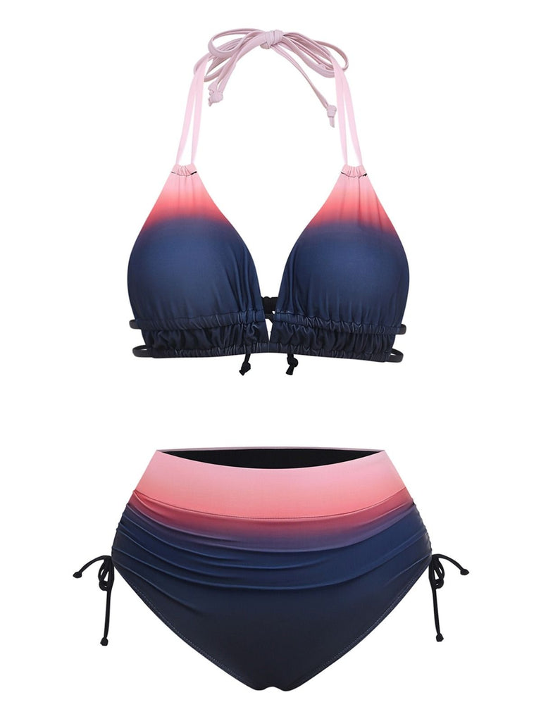 1950s Halter Ombre High-Waist Ruched Bikini Set - vintage fashion, retro style