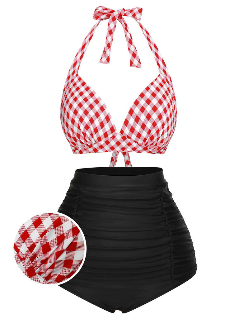 1950s Halter Plaids Lace-Up High Waisted Swimsuit — 1950s poolside glamour meets sun-drenched confidence