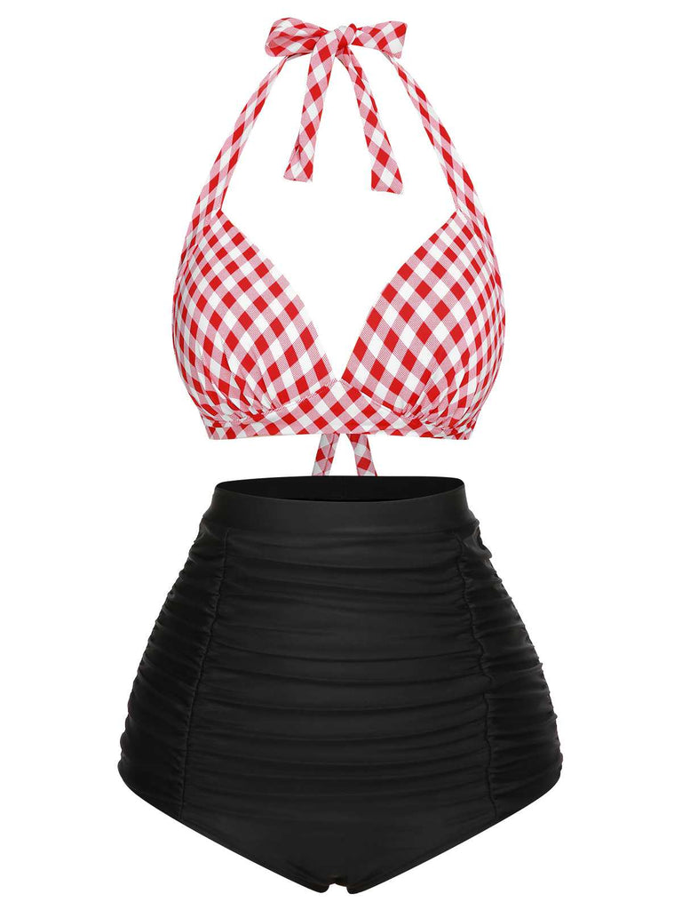 She's wearing 1950s Halter Plaids Lace-Up High Waisted Swimsuit and the whole beach remembers the 1950s