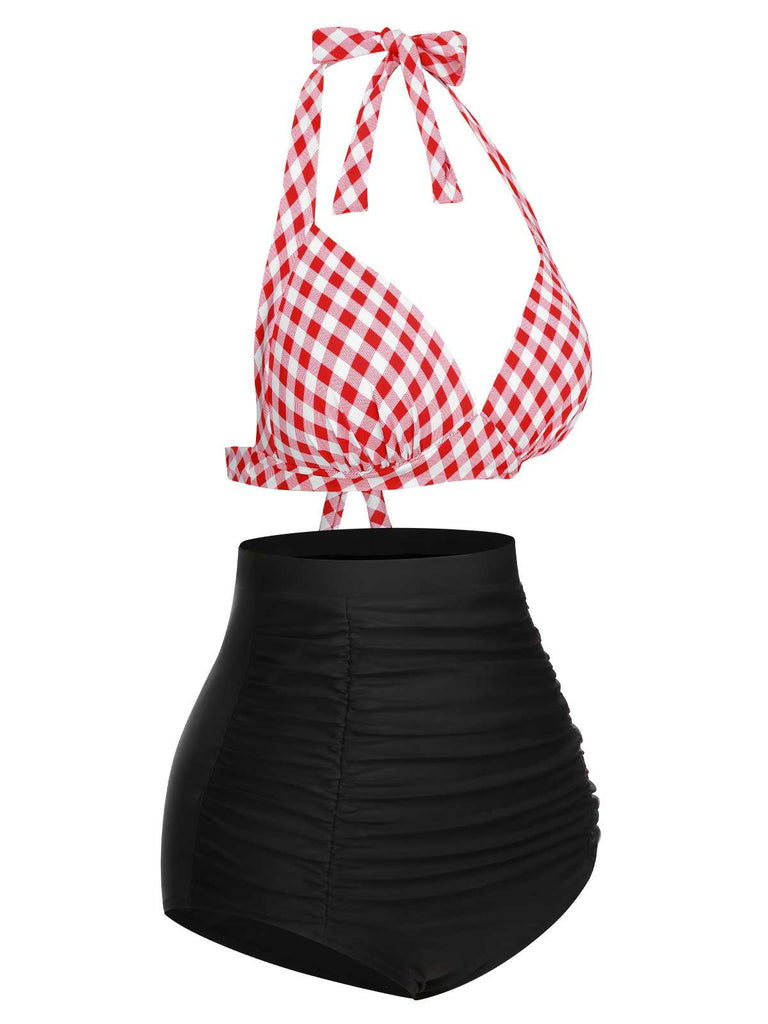 1950s Halter Plaids Lace-Up High Waisted Swimsuit: 1950s Riviera elegance, reimagined for her