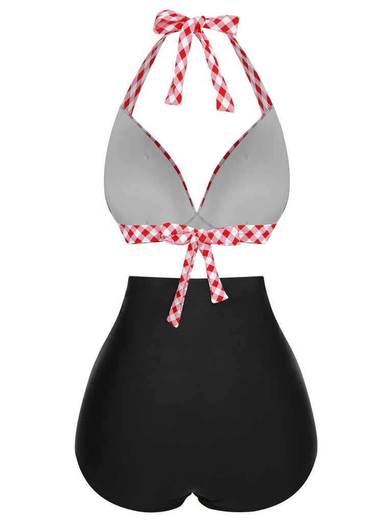 This 1950s Halter Plaids Lace-Up High Waisted Swimsuit carries 1950s vacation dreams in every stitch