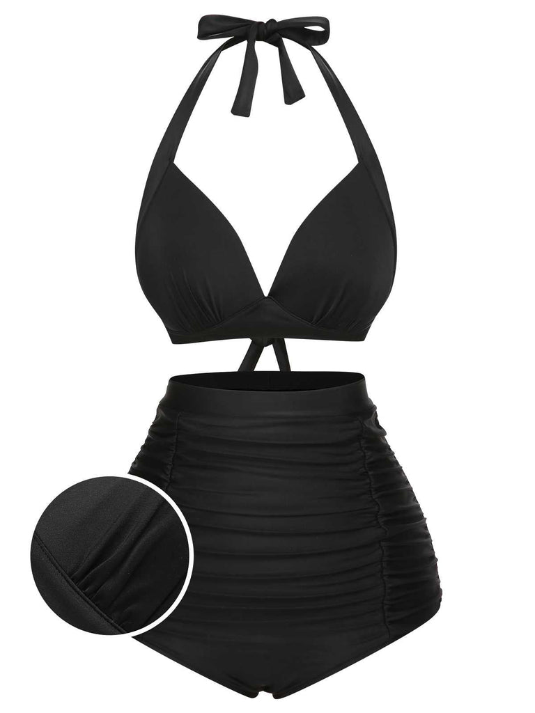 This 1950s Halter Plaids Lace-Up High Waisted Swimsuit carries 1950s vacation dreams in every stitch
