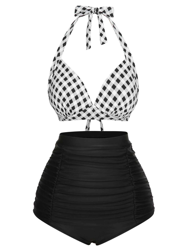 1950s Halter Plaids Lace-Up High Waisted Swimsuit — 1950s poolside glamour meets sun-drenched confidence