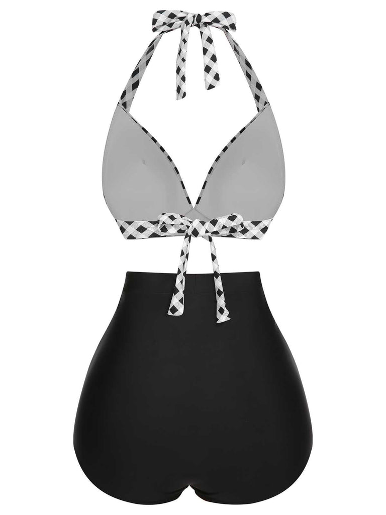1950s Halter Plaids Lace-Up High Waisted Swimsuit: 1950s Riviera elegance, reimagined for her