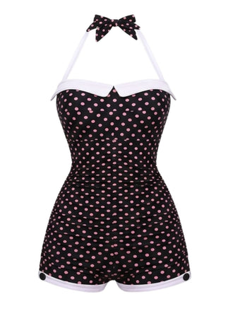 1950s Halter Poka Dot Bowknot One-piece Swimsuit - vintage swimwear, retro swimsuit, pin-up style for vintage lovers