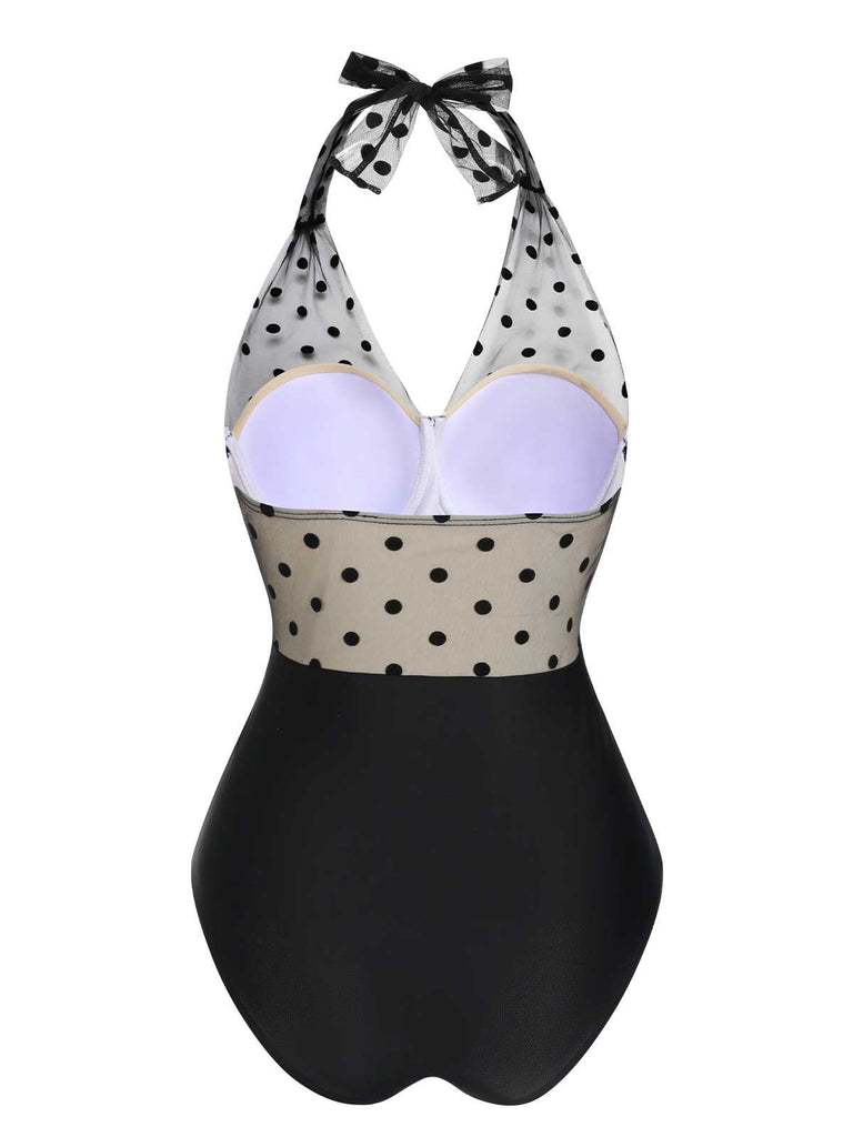 Black 1950s Halter Polka Dots Mesh Swimsuit — because 1950s glamour never goes out of style
