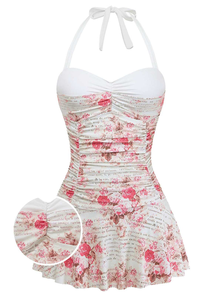 1950s Halter Roses Ruched Tummy Control Swimdress - vintage dress, retro fashion, rockabilly