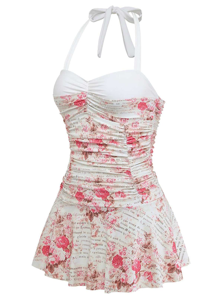 1950s Halter Roses Ruched Tummy Control Swimdress - vintage dress, retro fashion, rockabilly