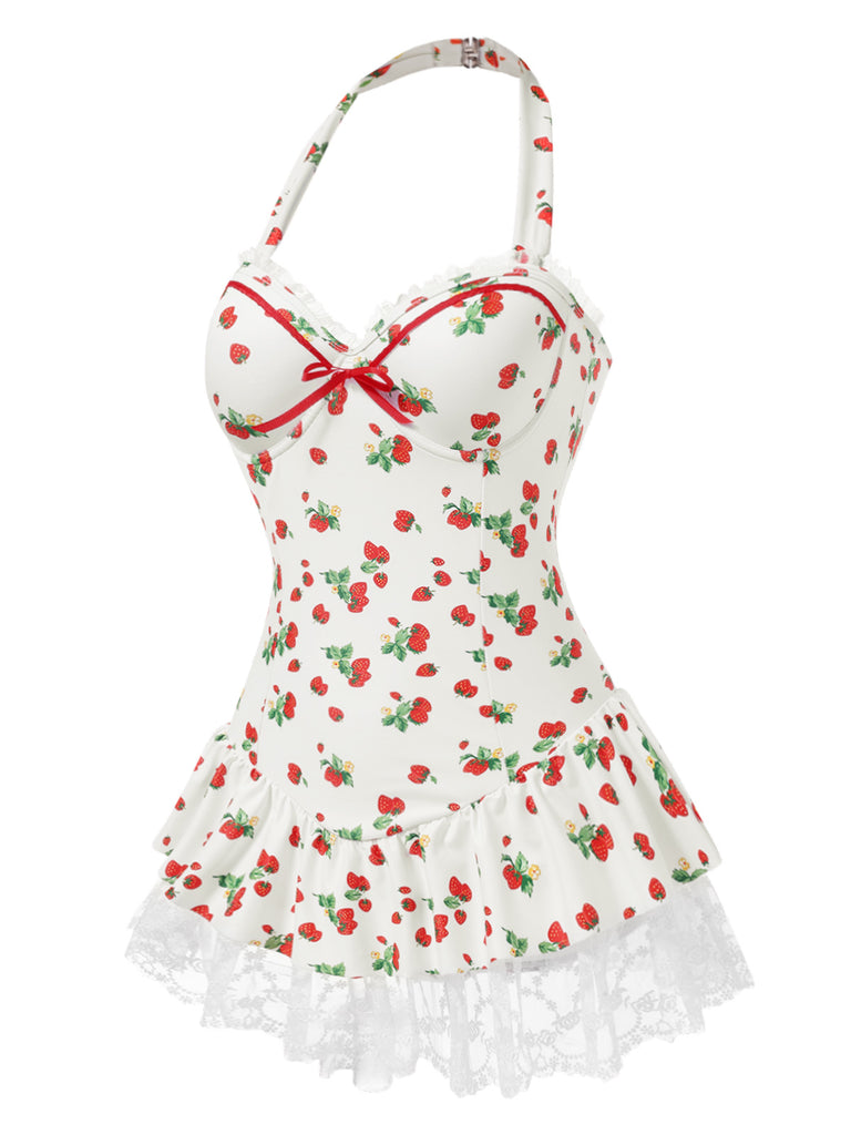 1950s Halter Strawberry Lace Bow Swimdress - vintage dress, retro fashion, rockabilly