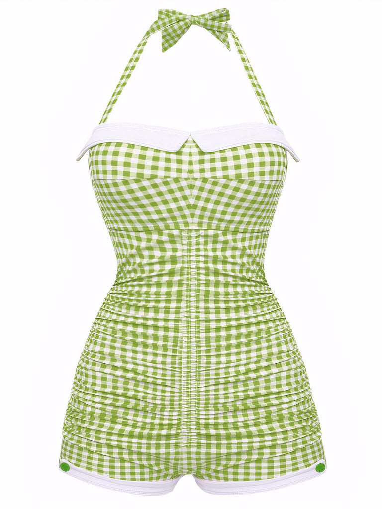 1950s Halter Striped Polka Dot Bowknot One-piece Swimsuit | vintage swimwear, retro swimsuit, pin-up style - perfect for retro fashion enthusiasts