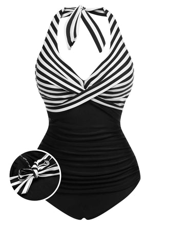 She's wearing 1950s Halter Stripes One-Piece Swimsuit and the whole beach remembers the 1950s