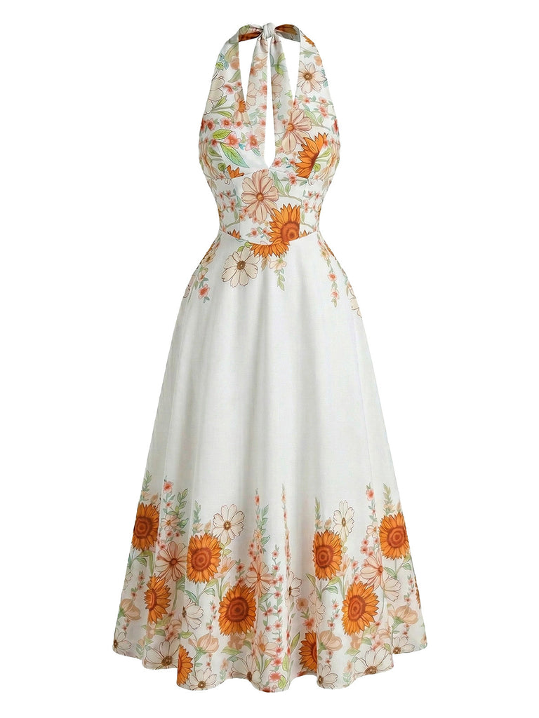 1950s-Halter-V-Neck-Sunflower-Fitted-Waist-Swing-Dress, vintage, retro, dress