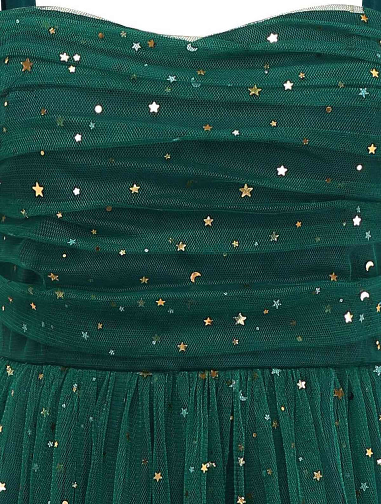 Green 1950s Glitter Shoulder Tie Ruched Dress - vintage dress, retro fashion, rockabilly