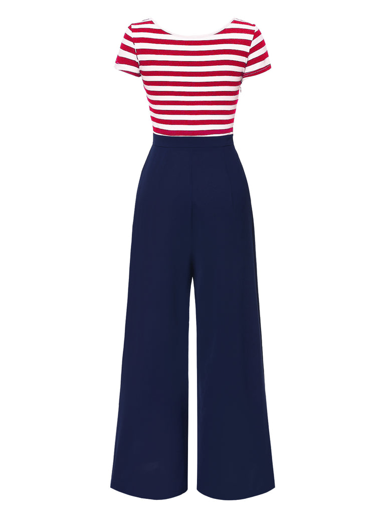 1950s Hollow Bow Stripe Patchwork Jumpsuit - vintage jumpsuit, retro chic for women