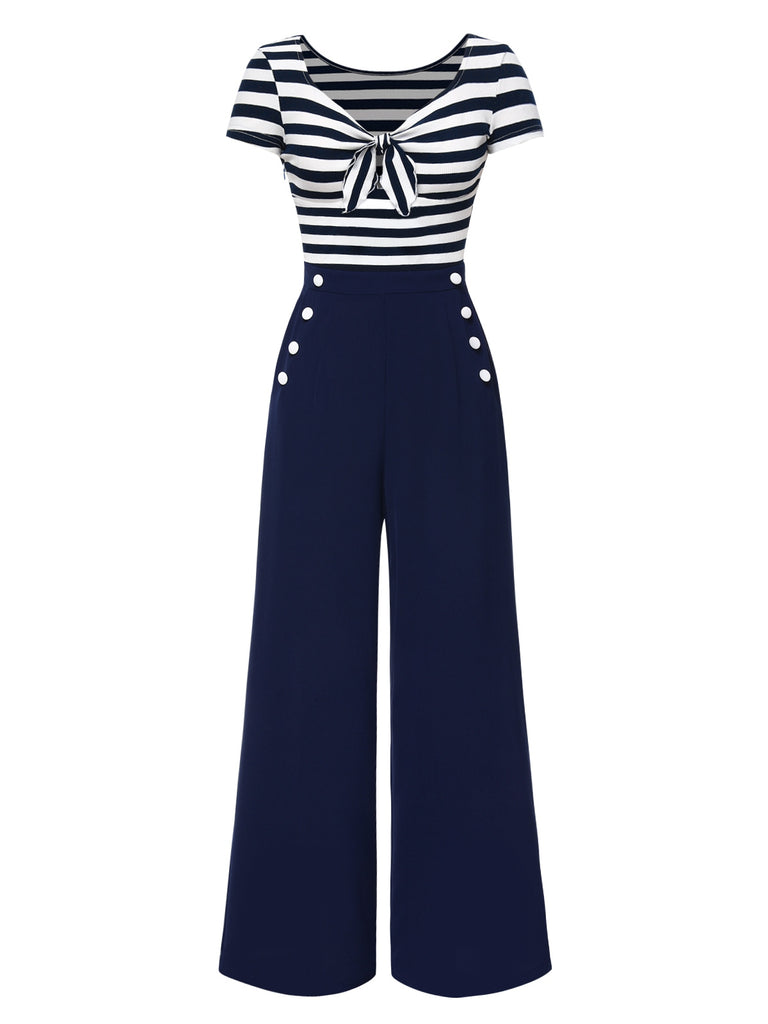 1950s Hollow Bow Stripe Patchwork Jumpsuit - vintage jumpsuit, retro chic for women