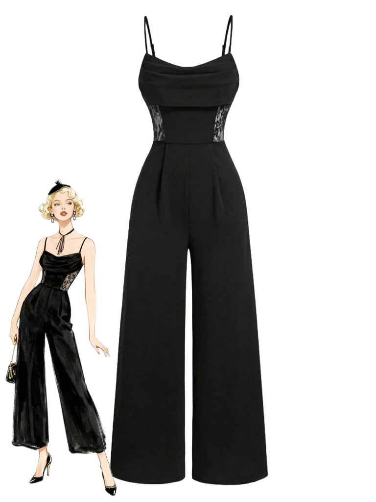 Black 1950s Cowl Neck Sheer Lace Patchwork Solid Jumpsuit - vintage jumpsuit, retro fashion, classic black