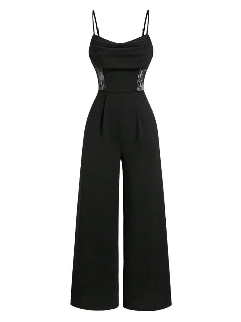 Black 1950s Cowl Neck Sheer Lace Patchwork Solid Jumpsuit - vintage jumpsuit, retro fashion, classic black