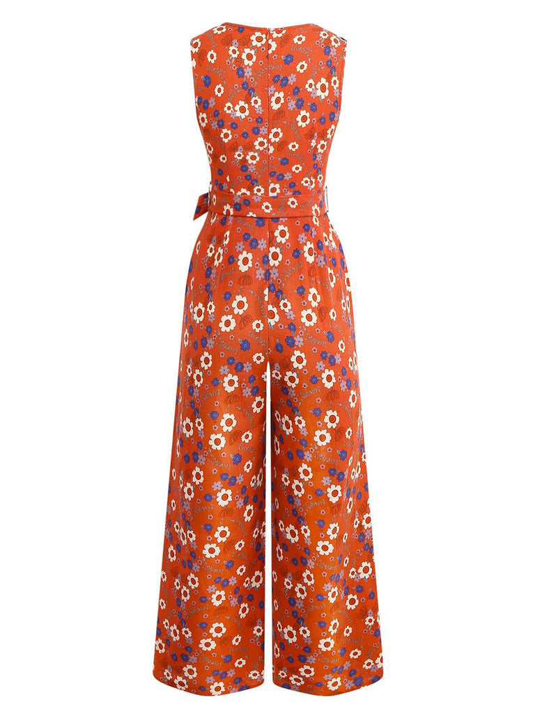 1950s Cotton Sleeveless All-Over Floral Belted Jumpsuit - vintage jumpsuit, retro fashion