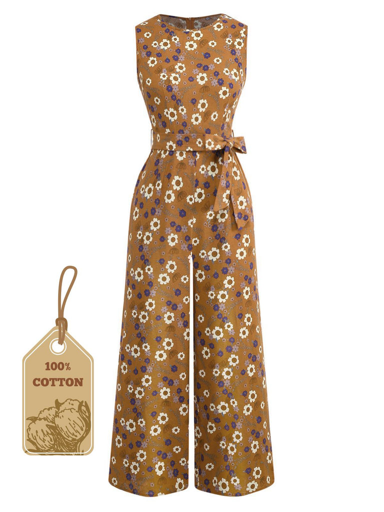 1950s Cotton Sleeveless All-Over Floral Belted Jumpsuit - vintage jumpsuit, retro fashion