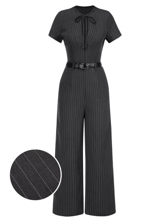 Dark Gray 1950s Striped Office Style Belted Jumpsuit - vintage jumpsuit, retro fashion