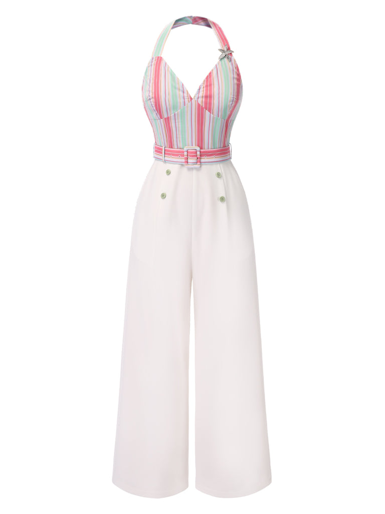 1950s Halter Starfish Colorful Stripes Belted Jumpsuit - vintage jumpsuit, retro fashion