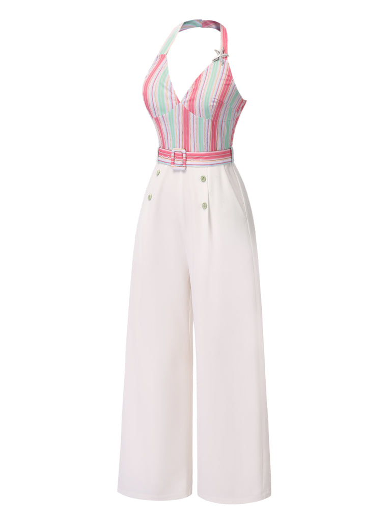 1950s Halter Starfish Colorful Stripes Belted Jumpsuit - vintage jumpsuit, retro fashion