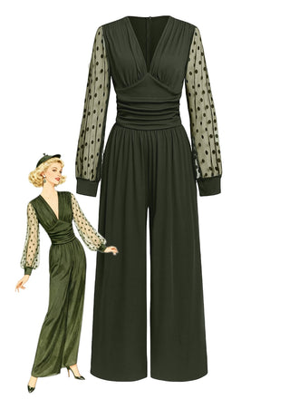 Olive Green 1950s V-Neck Sheer Polka Dot Sleeve Jumpsuit - vintage jumpsuit, retro fashion
