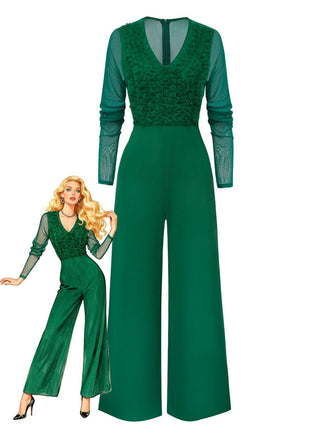 1950s Solid Deep V-Neck Ruffled Sheer Sleeve Jumpsuit - vintage jumpsuit, retro fashion