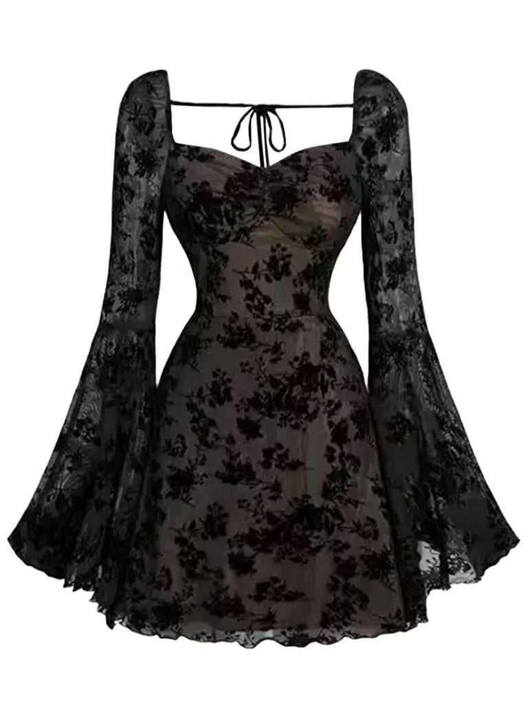1950s Lace Floral Bishop Sleeves Dress - vintage dress, retro fashion, rockabilly