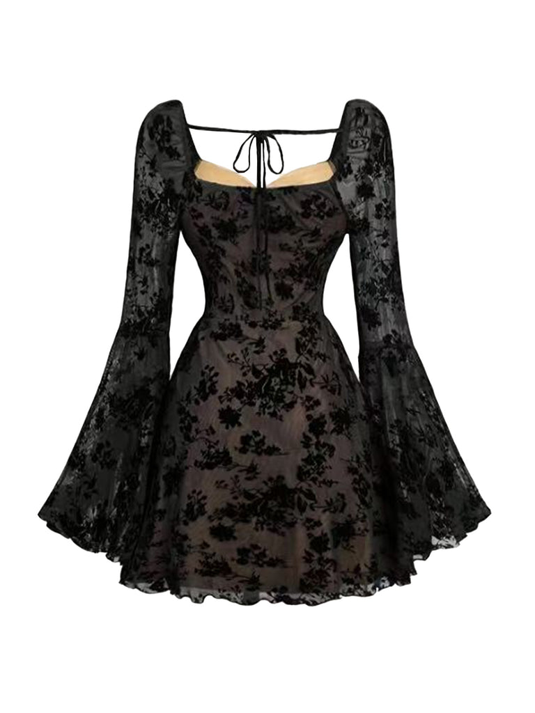 1950s Lace Floral Bishop Sleeves Dress - vintage dress, retro fashion, rockabilly