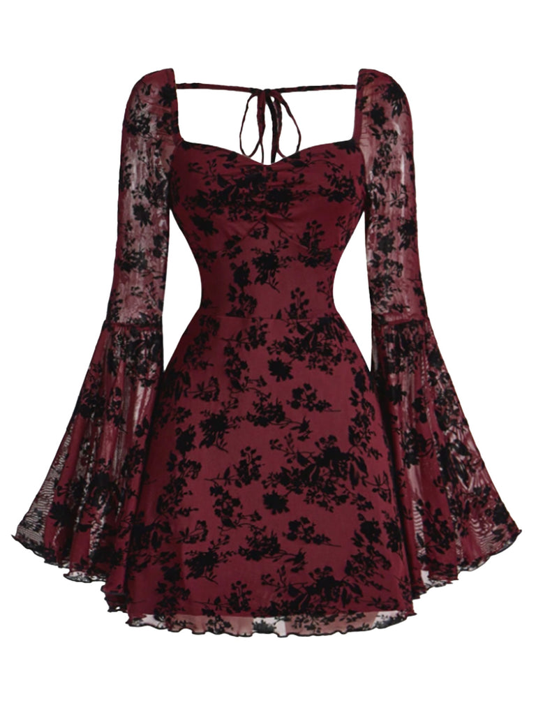 1950s Lace Floral Bishop Sleeves Dress - vintage dress, retro fashion, rockabilly