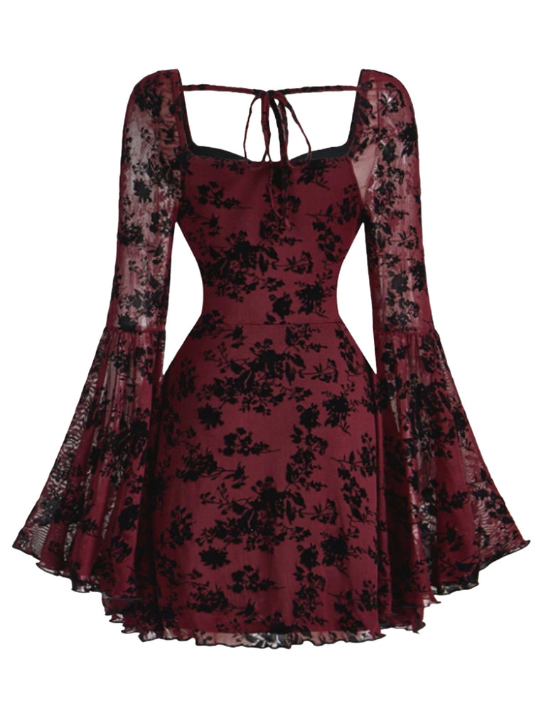 1950s Lace Floral Bishop Sleeves Dress - vintage dress, retro fashion, rockabilly
