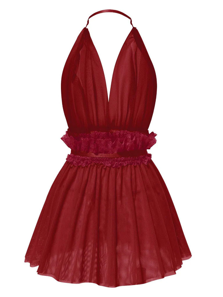 1950s Lace Mesh Deep V-Neck Halter Nightgown: where 1950s romance meets her modern spirit