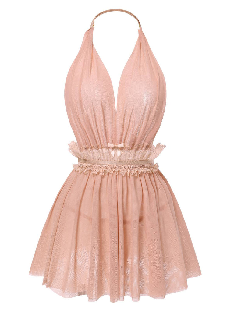 1950s Lace Mesh Deep V-Neck Halter Nightgown — a 1950s silhouette that turns sidewalks into runways