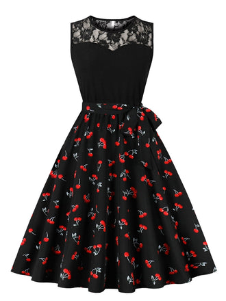 She slips into this 1950s Lace Patchwork Cherry Floral Sleeveless Dress and suddenly it's a 1950s daydream