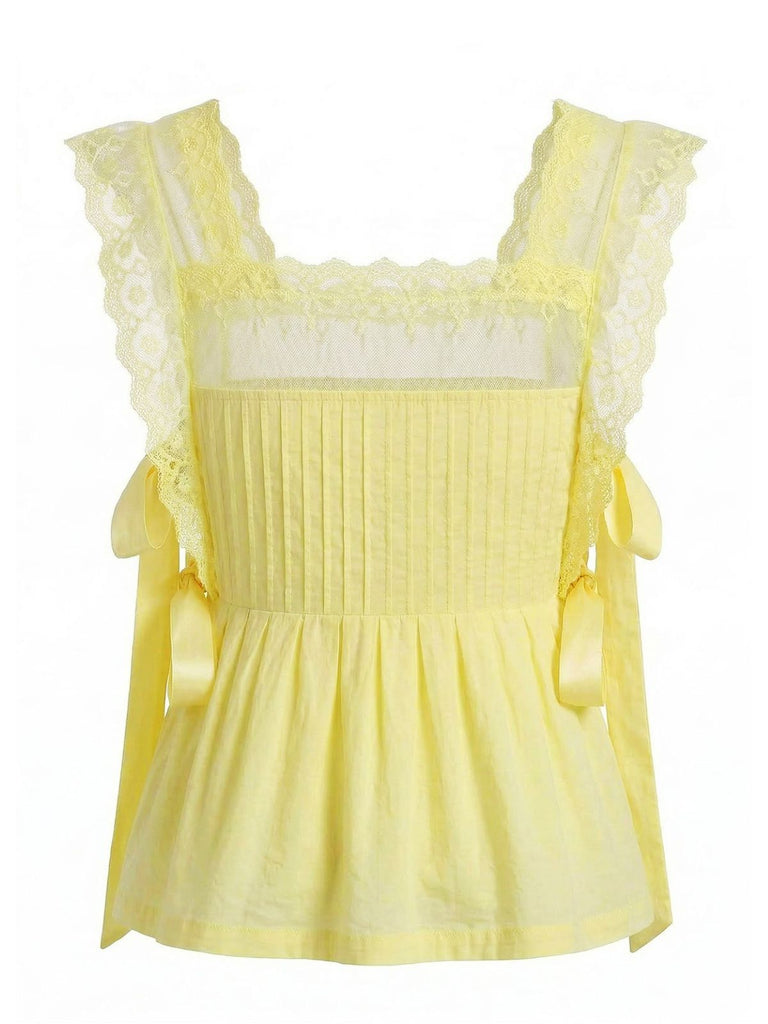 1950s Lace-Trim Bows Pleated Babydoll Top, vintage top, retro blouse - perfect for women who love vintage and retro fashion