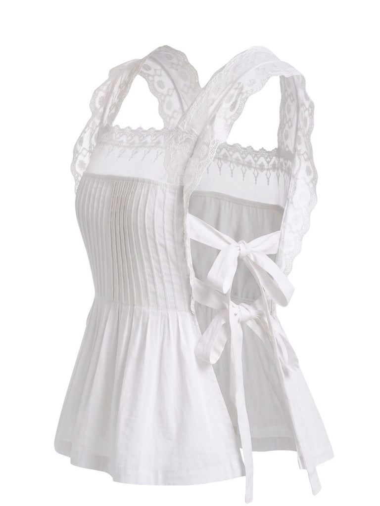 1950s Lace-Trim Bows Pleated Babydoll Top, vintage top, retro blouse - perfect for women who love vintage and retro fashion