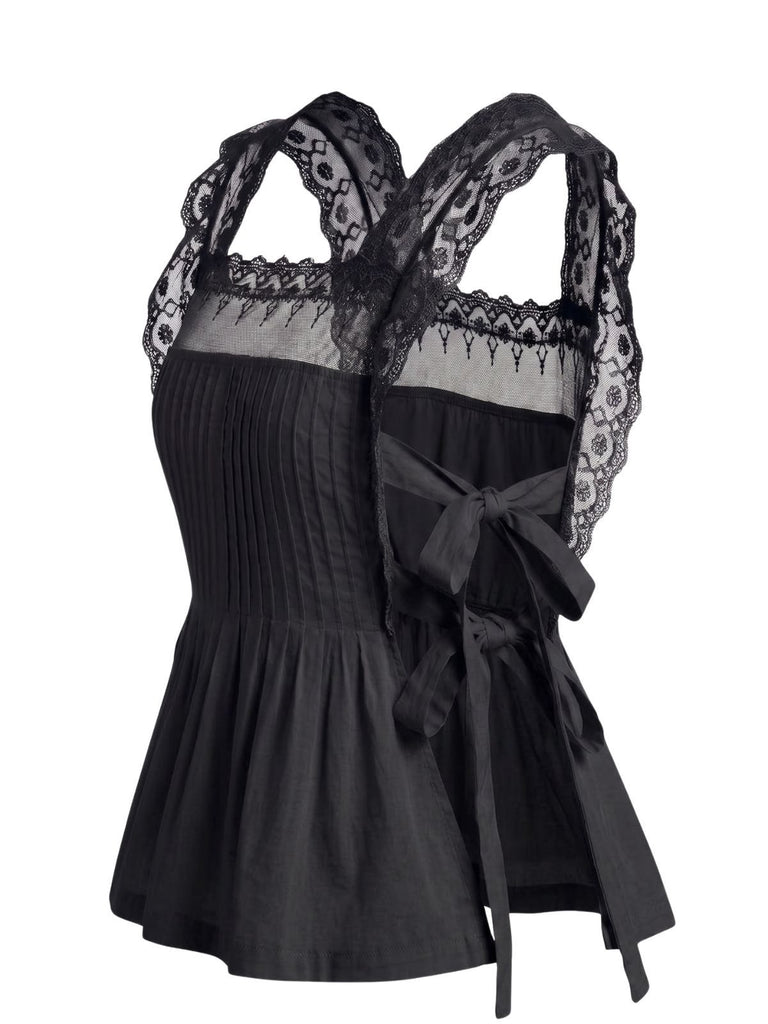 1950s Lace-Trim Bows Pleated Babydoll Top, vintage top, retro blouse - perfect for women who love vintage and retro fashion